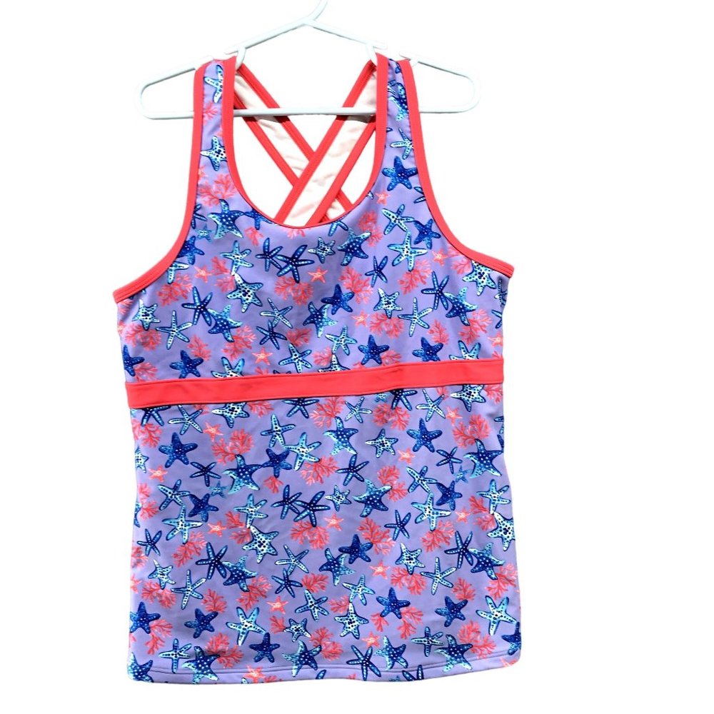 L.L. Bean Girls Size 16 Tankini Top UPF 50 Starfish Print Purple Swim Top